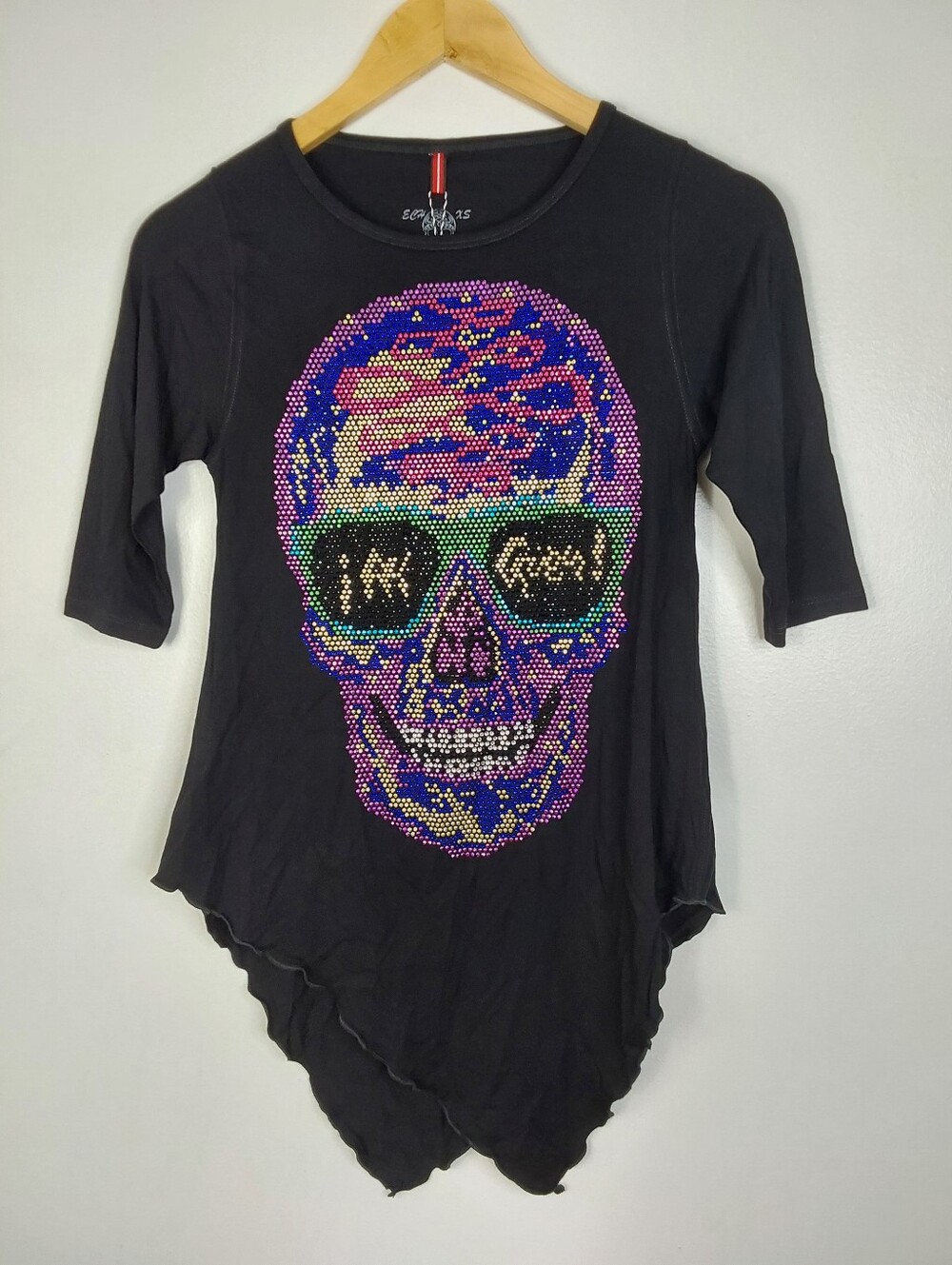 NWT Ay Guey Rhinestone Sunglass Skull Asymmetrical Shirt